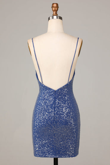 Dark Blue Sparkly Sheath Spaghetti Straps Short Homecoming Dress with Sequins