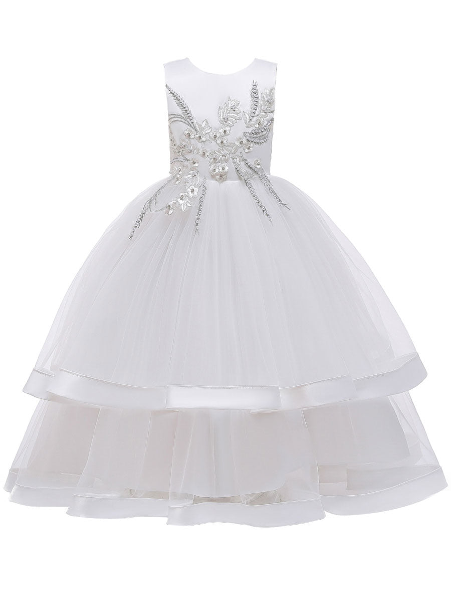 Jewel Neck Cotton Sleeveless Ankle Length Princess Beaded Formal Kids Pageant flower girl dresses-showprettydress