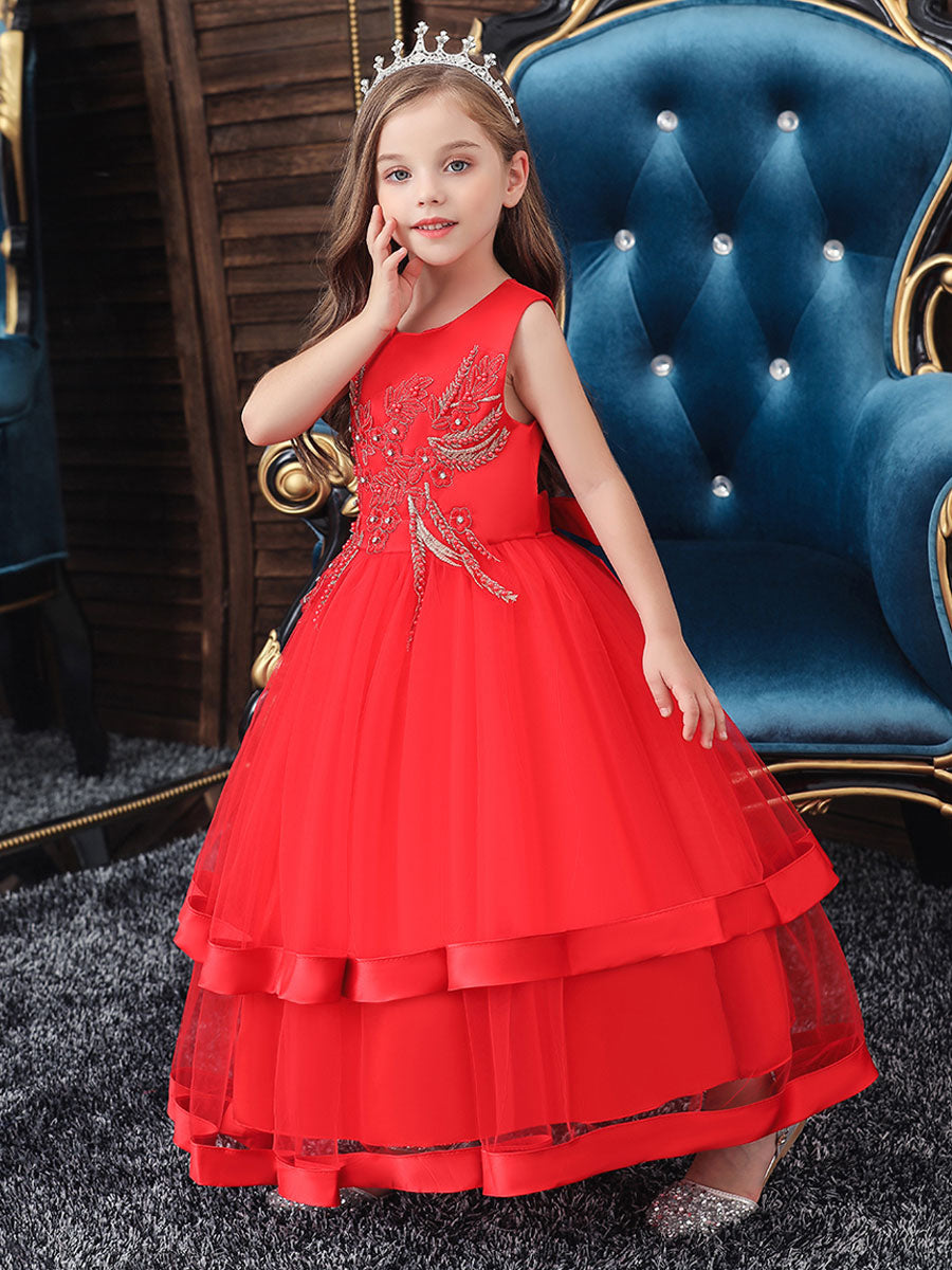 Jewel Neck Cotton Sleeveless Ankle Length Princess Beaded Formal Kids Pageant flower girl dresses-showprettydress