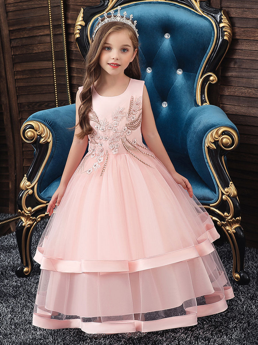 Jewel Neck Cotton Sleeveless Ankle Length Princess Beaded Formal Kids Pageant flower girl dresses-showprettydress