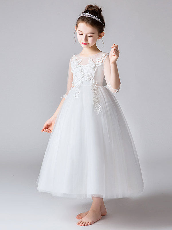 Jewel Neck Half Sleeves Bows Kids Party Dresses-showprettydress