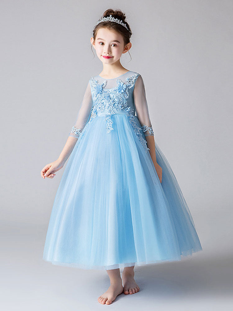 Jewel Neck Half Sleeves Bows Kids Party Dresses-showprettydress