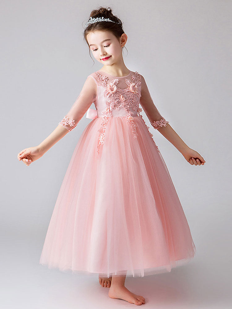 Jewel Neck Half Sleeves Bows Kids Party Dresses-showprettydress