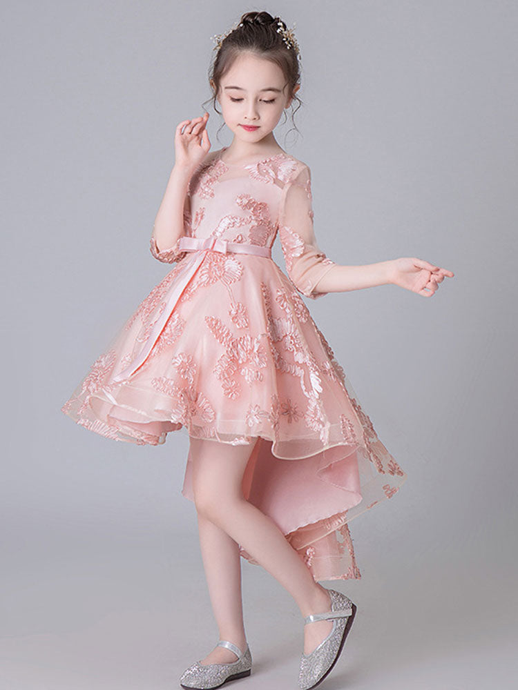 Jewel Neck Half Sleeves Embroidered Kids Social Party Dresses-showprettydress