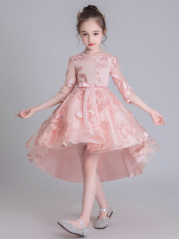 Jewel Neck Half Sleeves Embroidered Kids Social Party Dresses-showprettydress