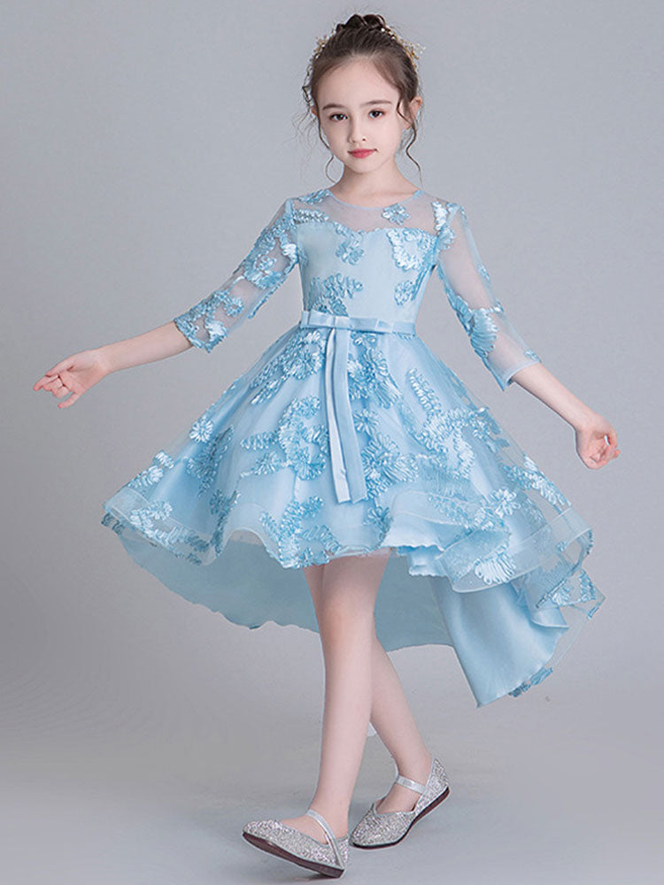 Jewel Neck Half Sleeves Embroidered Kids Social Party Dresses-showprettydress