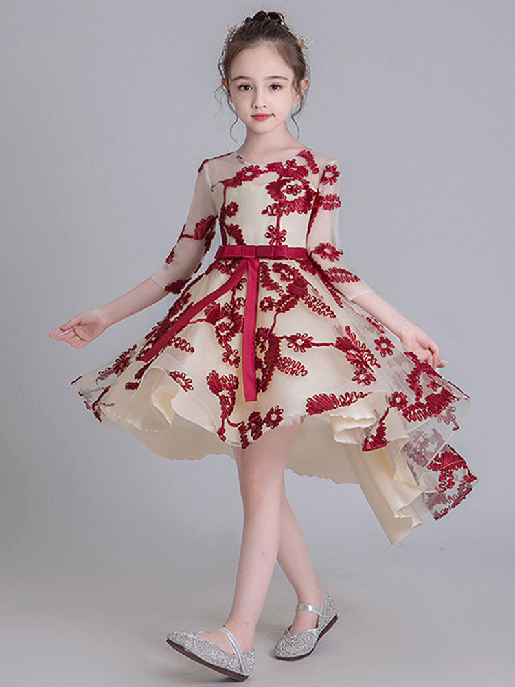 Jewel Neck Half Sleeves Embroidered Kids Social Party Dresses-showprettydress