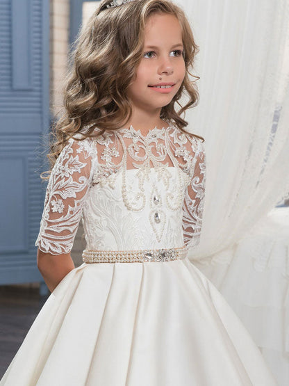 Jewel Neck Half Sleeves Studded Kids Formal Party Dresses-showprettydress