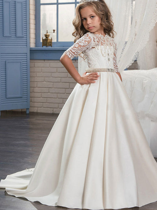 Jewel Neck Half Sleeves Studded Kids Formal Party Dresses-showprettydress