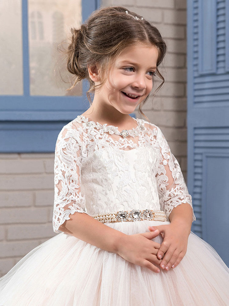 Jewel Neck Lace Long Sleeves Floor-Length Princess Embroidered Formal Kids Pageant flower girl dresses-showprettydress