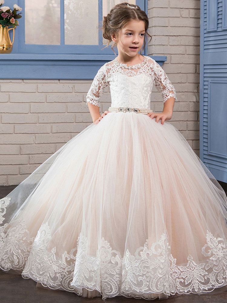 Jewel Neck Lace Long Sleeves Floor-Length Princess Embroidered Formal Kids Pageant flower girl dresses-showprettydress