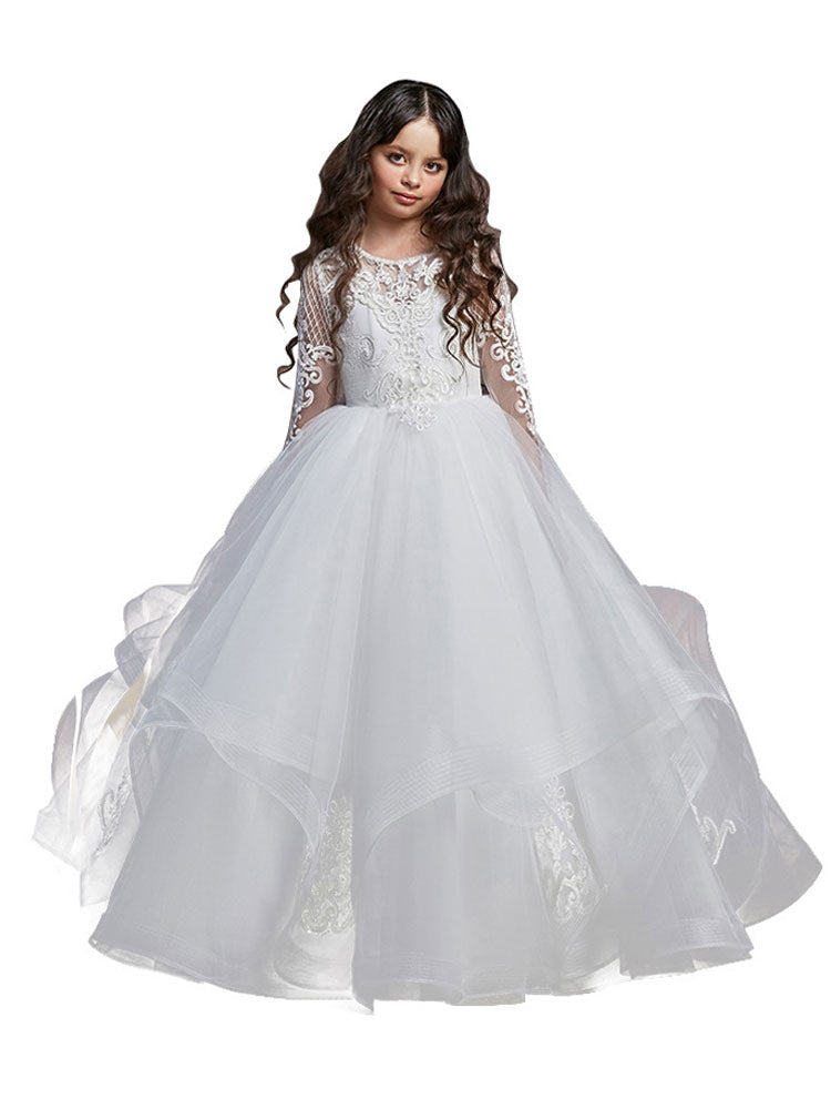 Jewel Neck Lace Long Sleeves Floor-Length Princess Embroidered Kids Party Dresses-showprettydress