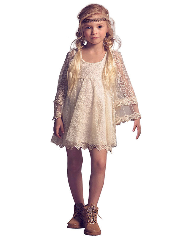 Jewel Neck Lace Long Sleeves Short A-Line Lace Kids Social Party Dresses-showprettydress