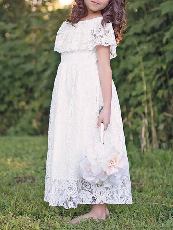 Jewel Neck Lace Short Sleeves Ankle Length A-line Pleated Pageant flower girl dresses-showprettydress