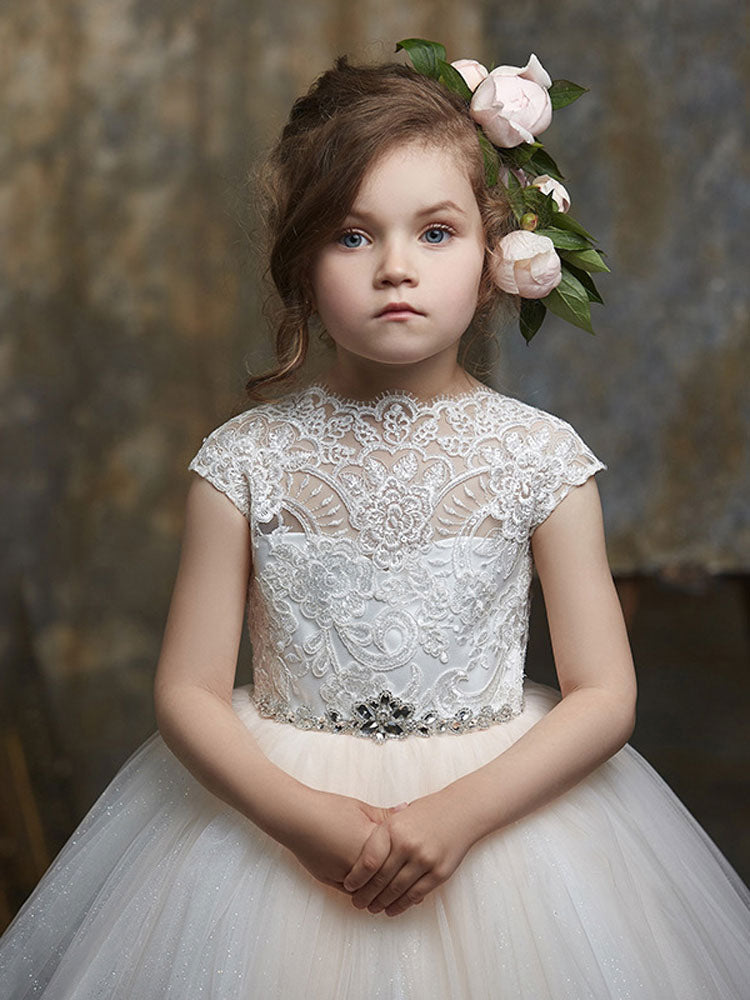 Jewel Neck Lace Short Sleeves Floor-Length Princess Embroidered Formal Kids Pageant flower girl dresses-showprettydress