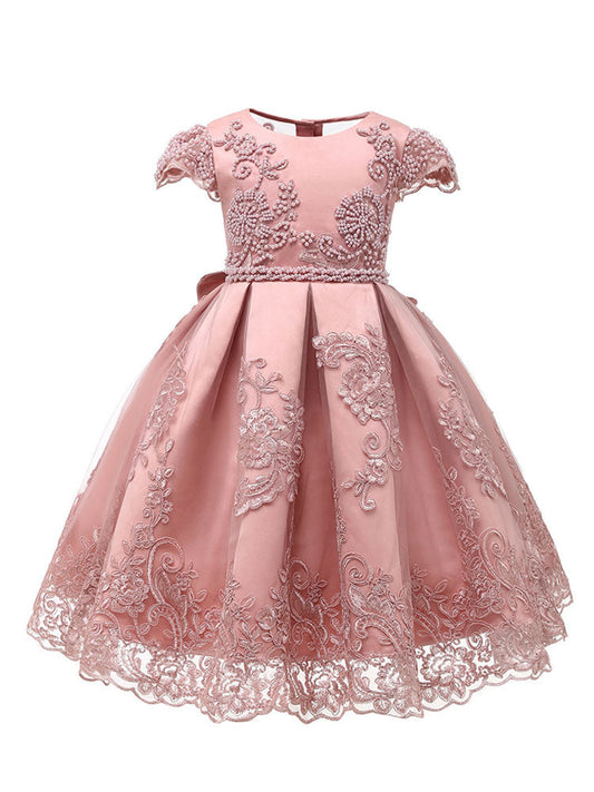 Jewel Neck Lace Short Sleeves Short Kids Social Party Princess Dresses-showprettydress