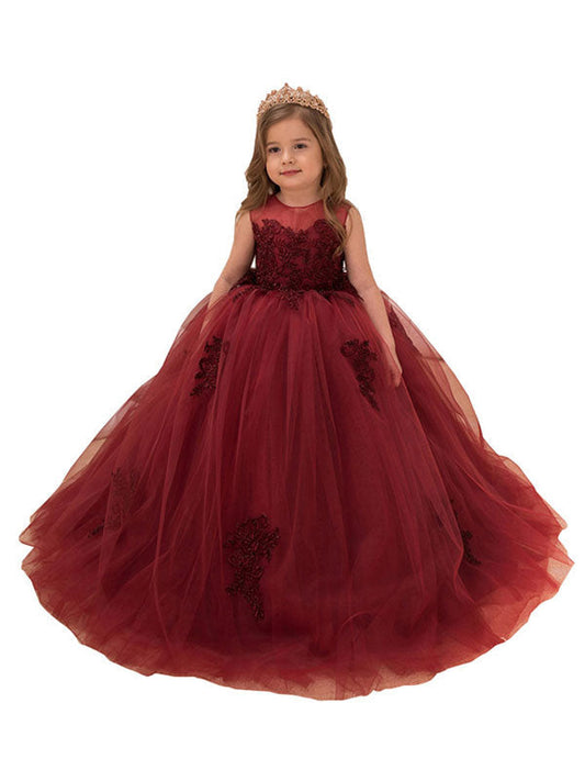 Jewel Neck Lace Sleeveless Ankle Length Ball Gown Applique Kids Pageant flower girl dresses-showprettydress