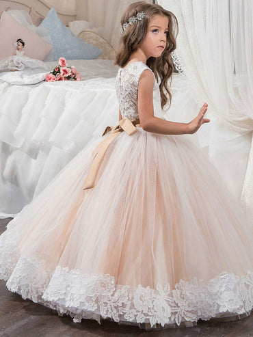 Jewel Neck Lace Sleeveless Ankle Length Ball Gown Studded Kids Pageant flower girl dresses-showprettydress