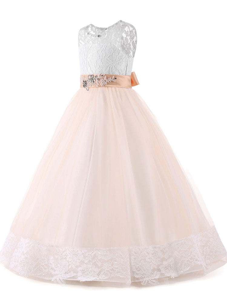 Jewel Neck Lace Sleeveless Ankle Length Ball Gown Studded Kids Pageant flower girl dresses-showprettydress