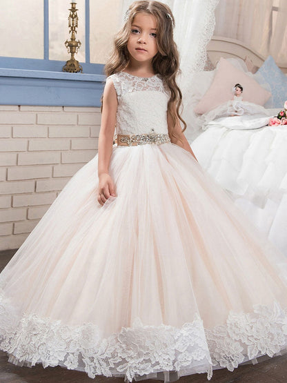 Jewel Neck Lace Sleeveless Ankle Length Ball Gown Studded Kids Pageant flower girl dresses-showprettydress