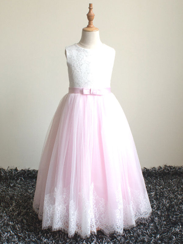 Jewel Neck Lace Sleeveless Ankle-Length Princess Bows Kids Social Pageant Dresses-showprettydress