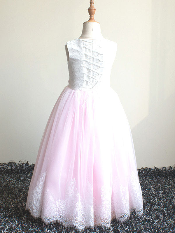 Jewel Neck Lace Sleeveless Ankle-Length Princess Bows Kids Social Pageant Dresses-showprettydress