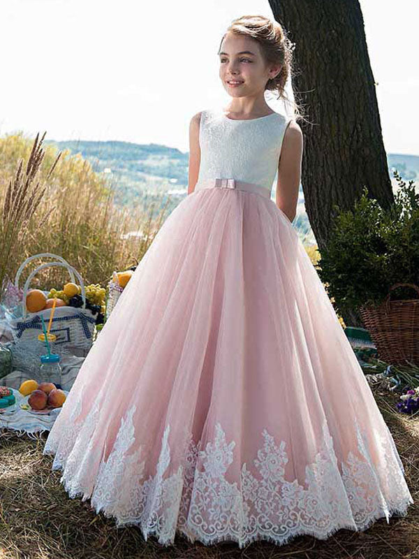 Jewel Neck Lace Sleeveless Ankle-Length Princess Bows Kids Social Pageant Dresses-showprettydress