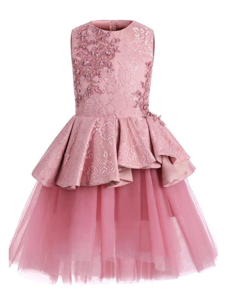 Jewel Neck Lace Sleeveless Short A-Line Applique Kids Social Party Dresses-showprettydress