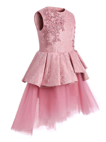 Jewel Neck Lace Sleeveless Short A-Line Applique Kids Social Party Dresses-showprettydress