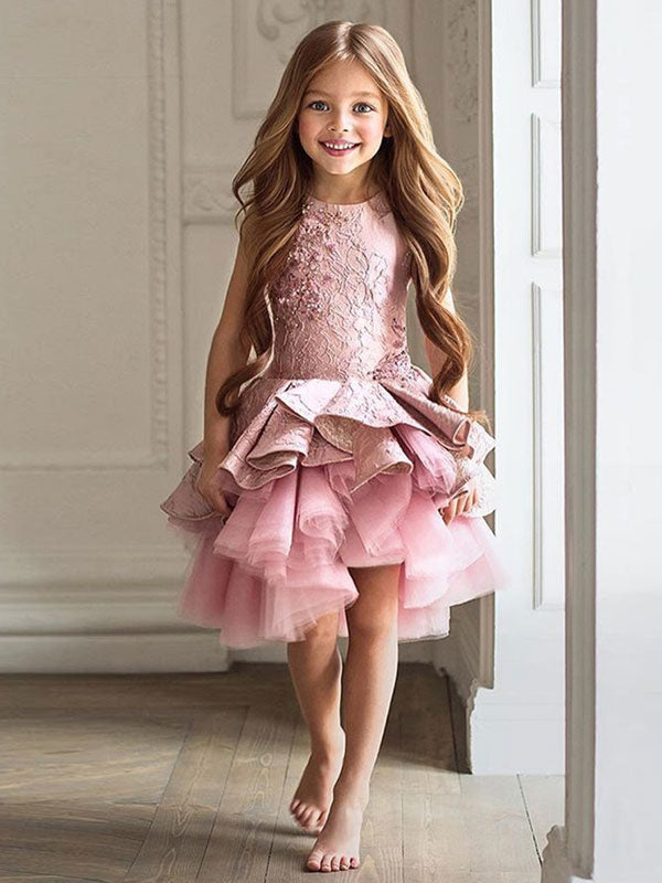 Jewel Neck Lace Sleeveless Short A-Line Applique Kids Social Party Dresses-showprettydress