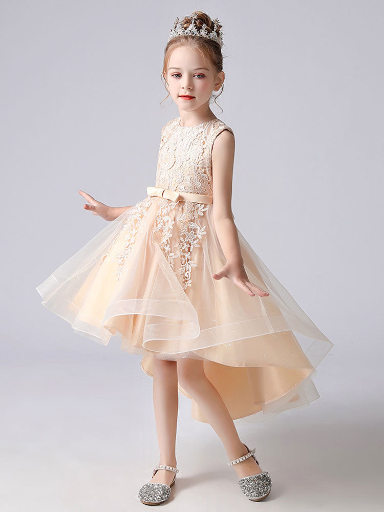 Jewel Neck Lace Sleeveless Short A-Line Bows Red Kids Social Party Dresses-showprettydress