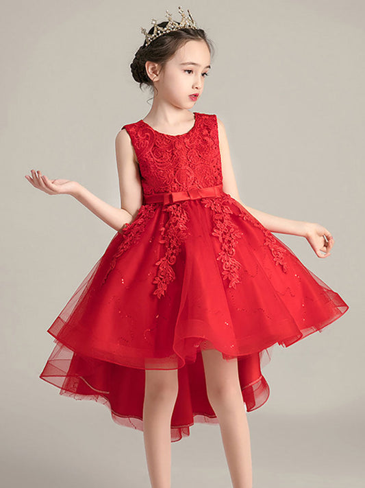 Jewel Neck Lace Sleeveless Short A-Line Bows Red Kids Social Party Dresses-showprettydress