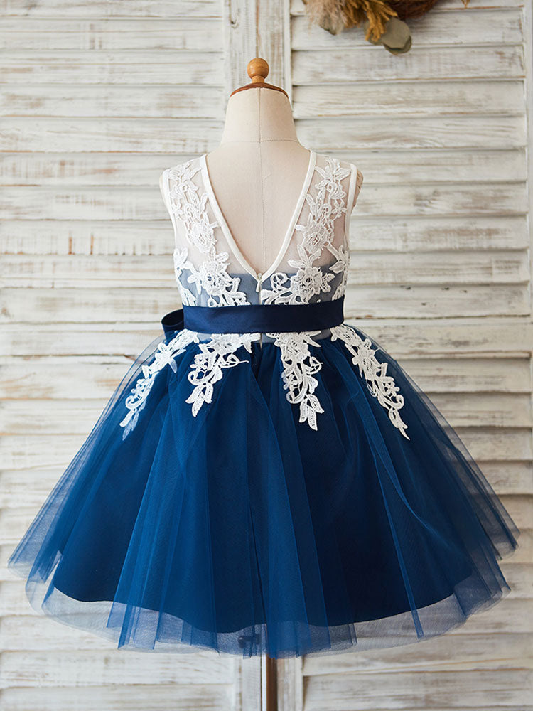 Jewel Neck Lace Sleeveless Short Princess Sash Kids Party Dresses-showprettydress