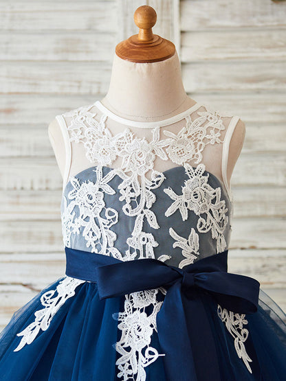 Jewel Neck Lace Sleeveless Short Princess Sash Kids Party Dresses-showprettydress