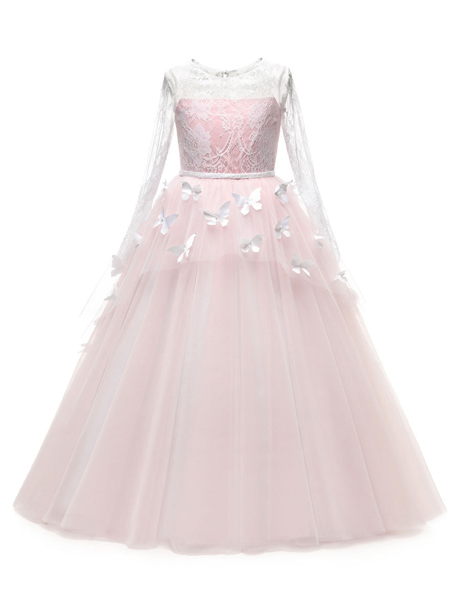 Jewel Neck Long Sleeves Butterfly Formal Kids Princess flower girl dress-showprettydress