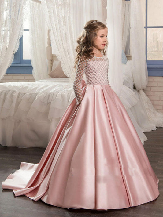 Jewel Neck Long Sleeves Buttons Formal Kids Pageant flower girl dresses-showprettydress