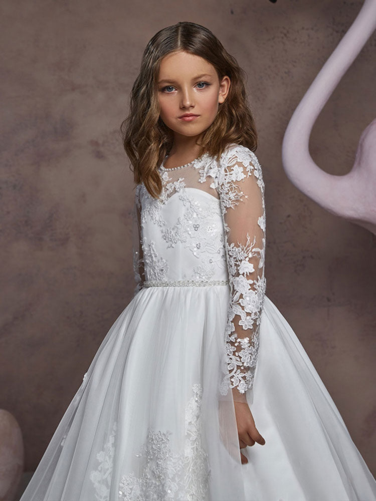 Jewel Neck Long Sleeves Embroidered Kids Party Dresses-showprettydress