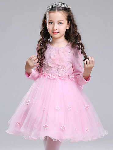 Jewel Neck Long Sleeves Flowers Formal Kids Pageant flower girl dresses-showprettydress