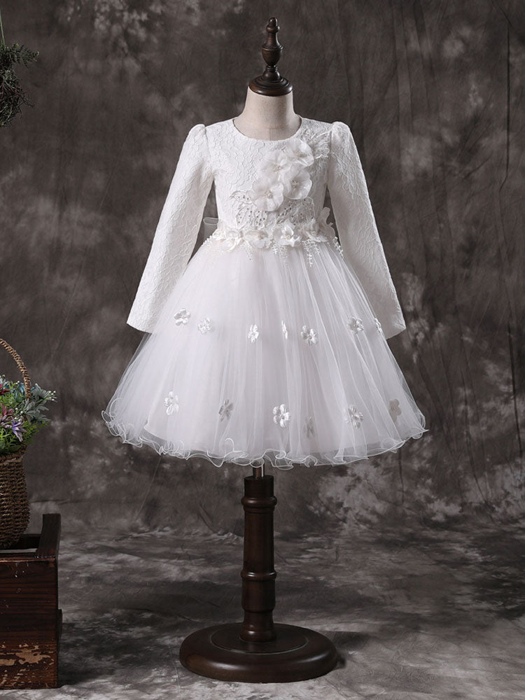 Jewel Neck Long Sleeves Flowers Formal Kids Pageant flower girl dresses-showprettydress