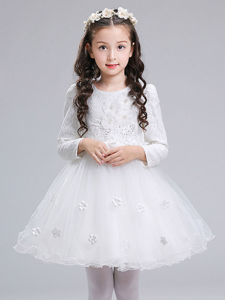 Jewel Neck Long Sleeves Flowers Formal Kids Pageant flower girl dresses-showprettydress