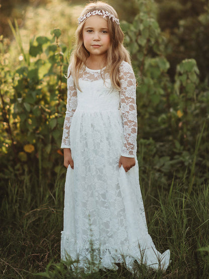 Jewel Neck Long Sleeves Lace Kids Social Party Dresses-showprettydress