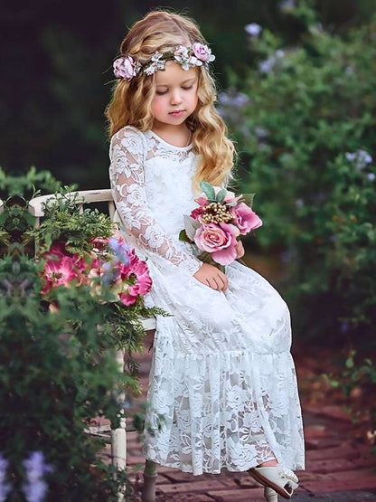 Jewel Neck Long Sleeves Lace Kids Social Party Dresses-showprettydress