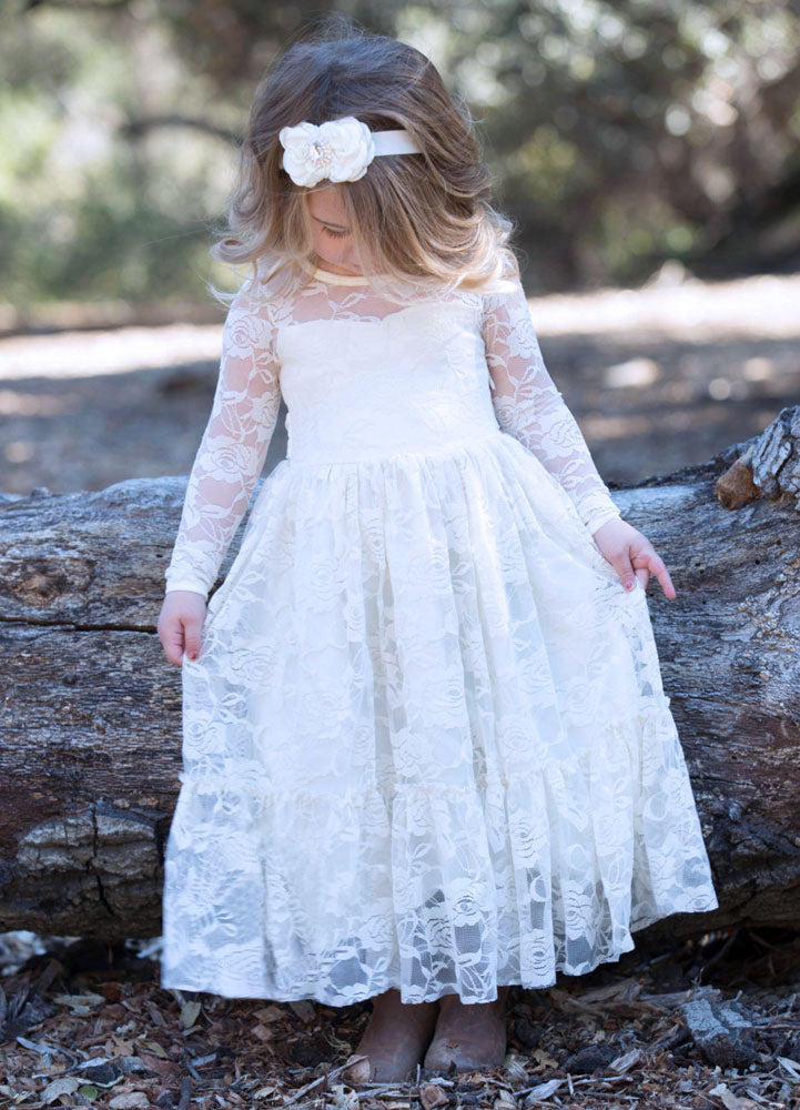 Jewel Neck Long Sleeves Lace Kids Social Party Dresses-showprettydress