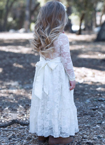 Jewel Neck Long Sleeves Lace Kids Social Party Dresses-showprettydress