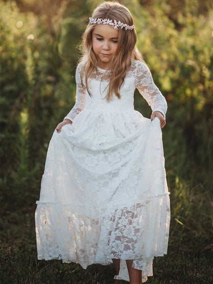 Jewel Neck Long Sleeves Lace Kids Social Party Dresses-showprettydress