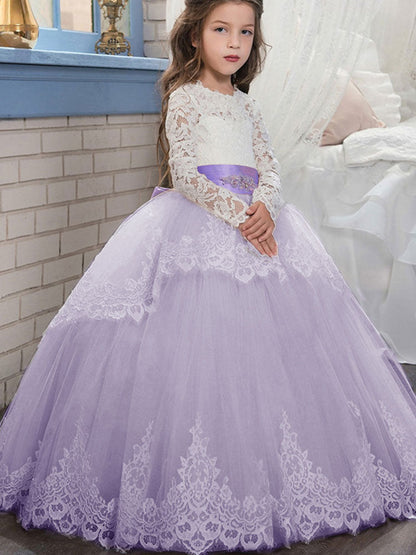 Jewel Neck Long Sleeves Sash Formal Kids Pageant flower girl dresses-showprettydress