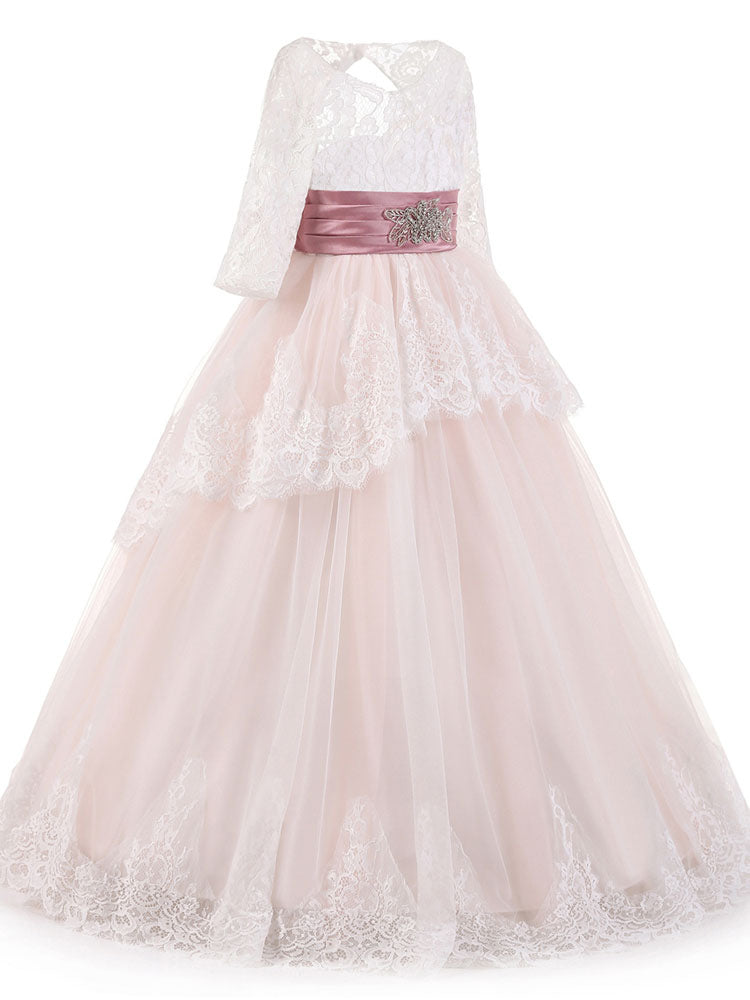 Jewel Neck Long Sleeves Sash Formal Kids Pageant flower girl dresses-showprettydress