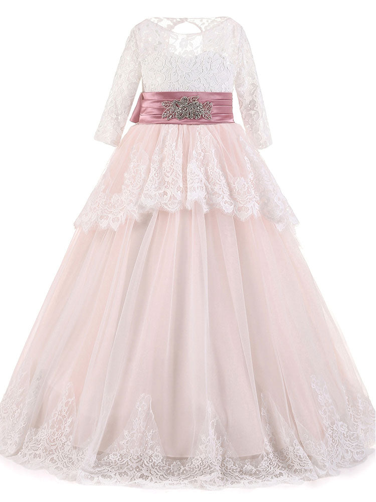 Jewel Neck Long Sleeves Sash Formal Kids Pageant flower girl dresses-showprettydress