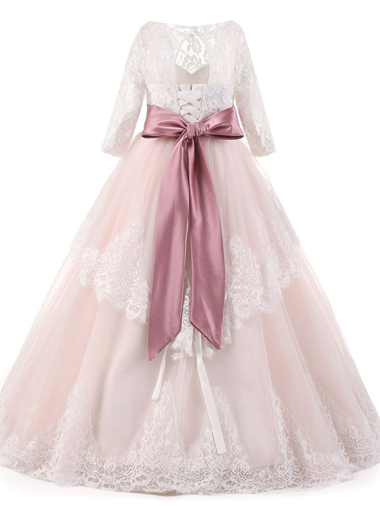 Jewel Neck Long Sleeves Sash Formal Kids Pageant flower girl dresses-showprettydress