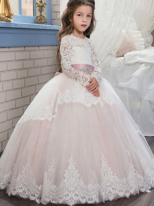 Jewel Neck Long Sleeves Sash Formal Kids Pageant flower girl dresses-showprettydress